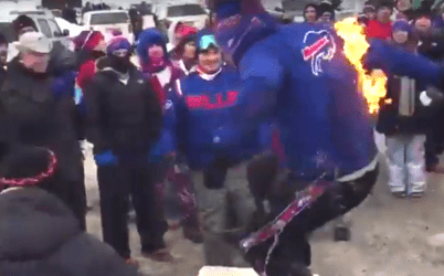 Buffalo Bills fan on fire at a tailgate party